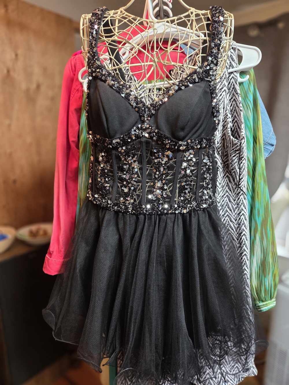 Dave & Johnny Black Sequin Corset Tulle Mini Dress Size 0 Homecoming Prom Y2K